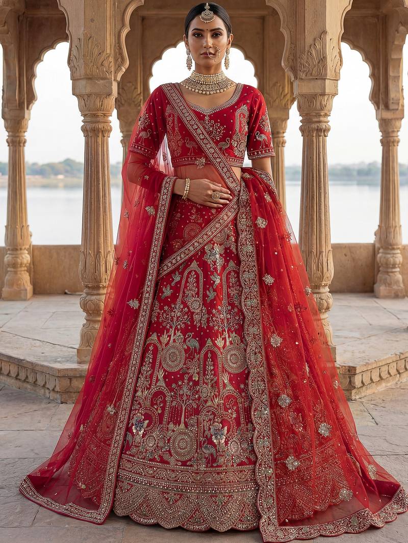 Awesome Red Embroidered Silk Bridal Lehenga Choli With Double Dupatta