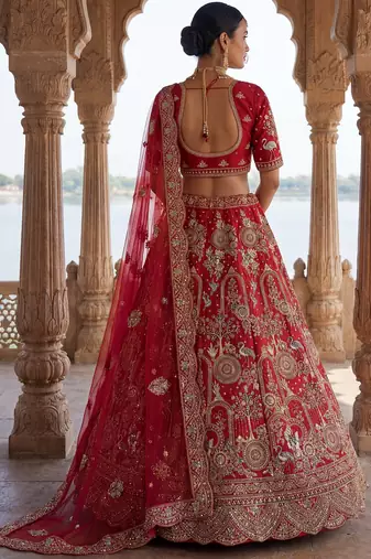 red silk bridal lehenga choli with double embroidered dupatta