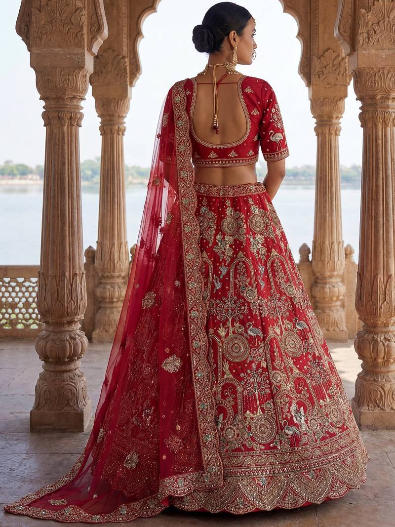 Awesome Red Embroidered Silk Bridal Lehenga Choli With Double Dupatta