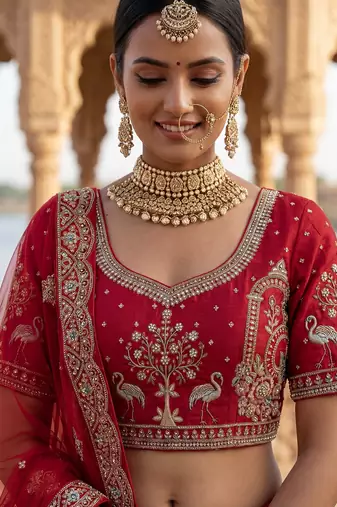 red silk bridal lehenga choli with double embroidered dupatta