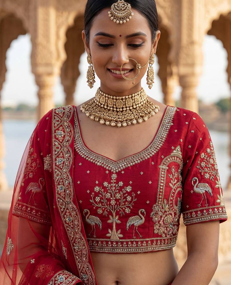 Awesome Red Embroidered Silk Bridal Lehenga Choli With Double Dupatta