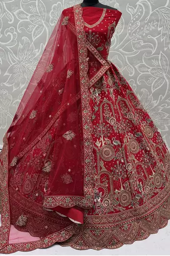 red silk bridal lehenga choli with double embroidered dupatta