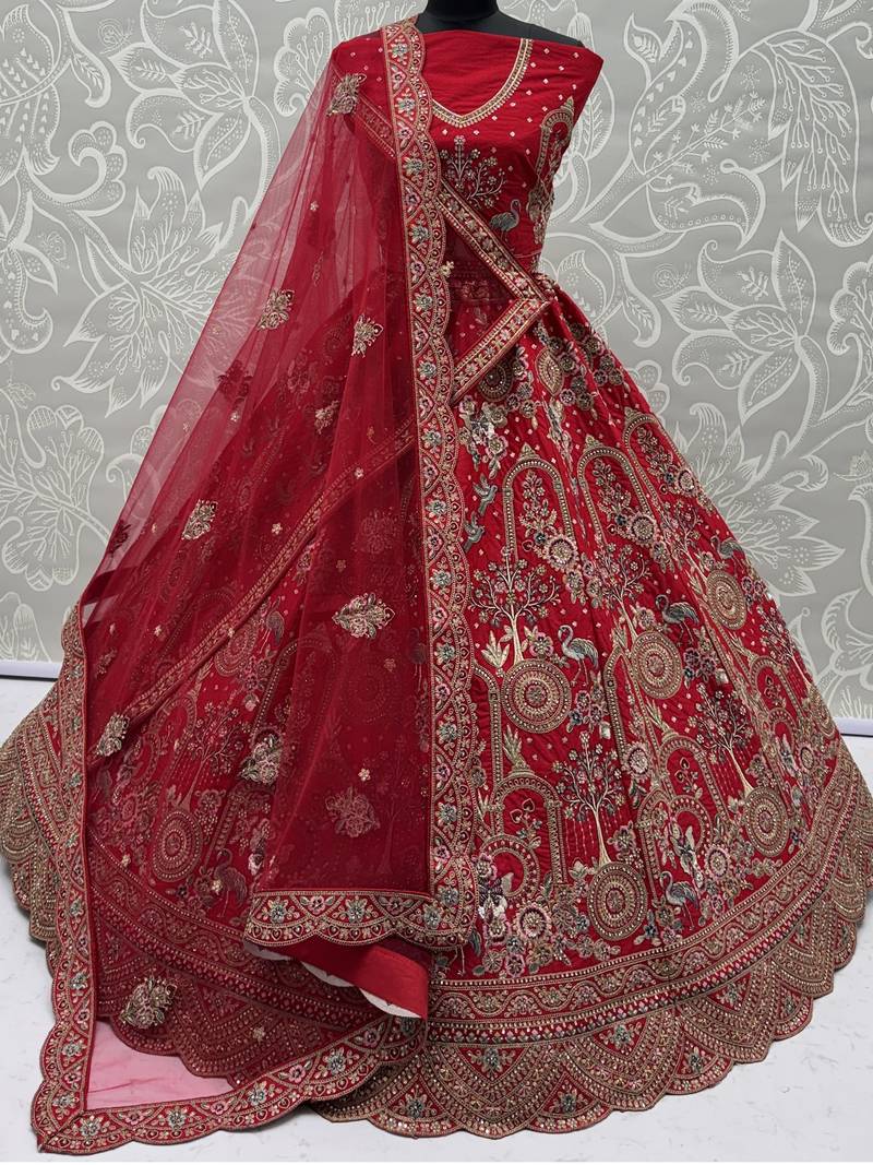 Awesome Red Embroidered Silk Bridal Lehenga Choli With Double Dupatta