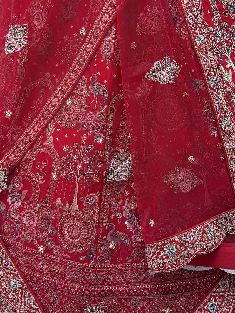 Awesome Red Embroidered Silk Bridal Lehenga Choli With Double Dupatta