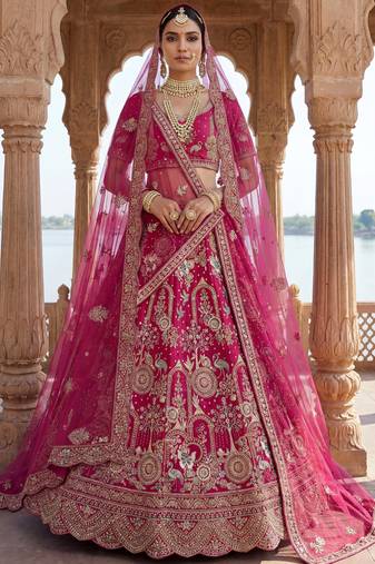 pink embroidered silk bridal lehenga choli with double dupatta set