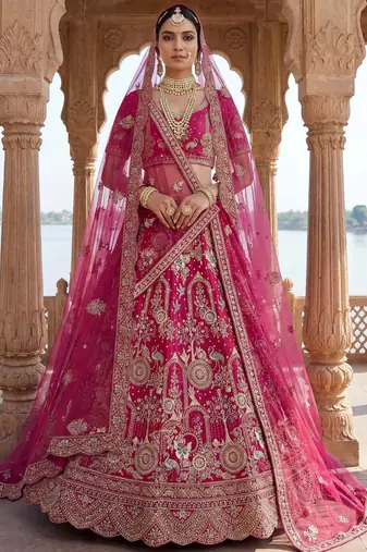 Classic Pink Embroidered Silk Bridal Lehenga Choli With Double Dupatta