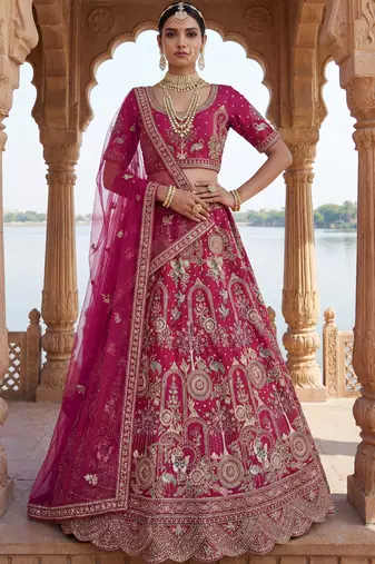 pink embroidered silk bridal lehenga choli with double dupatta set