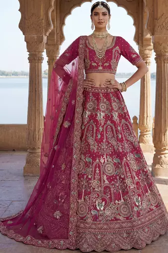 pink embroidered silk bridal lehenga choli with double dupatta set