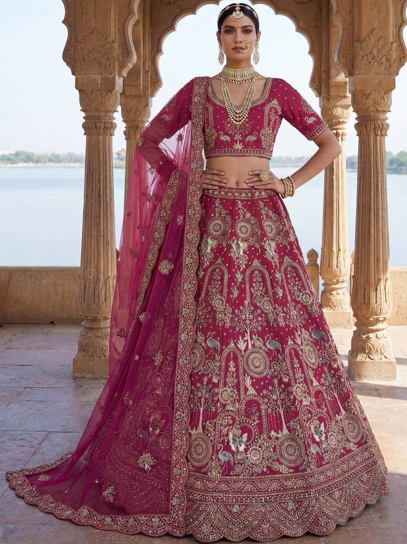 Classic Pink Embroidered Silk Bridal Lehenga Choli With Double Dupatta