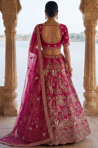 pink embroidered silk bridal lehenga choli with double dupatta set