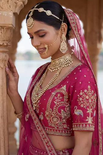 pink embroidered silk bridal lehenga choli with double dupatta set
