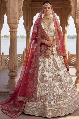 Lovely Off-White Dori Work Silk Bridal Lehenga Choli With Double Dupatta