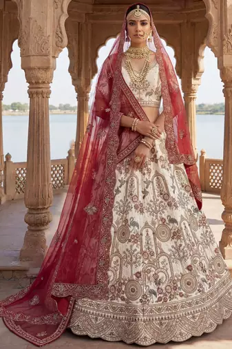 Lovely Off-White Dori Work Silk Bridal Lehenga Choli With Double Dupatta