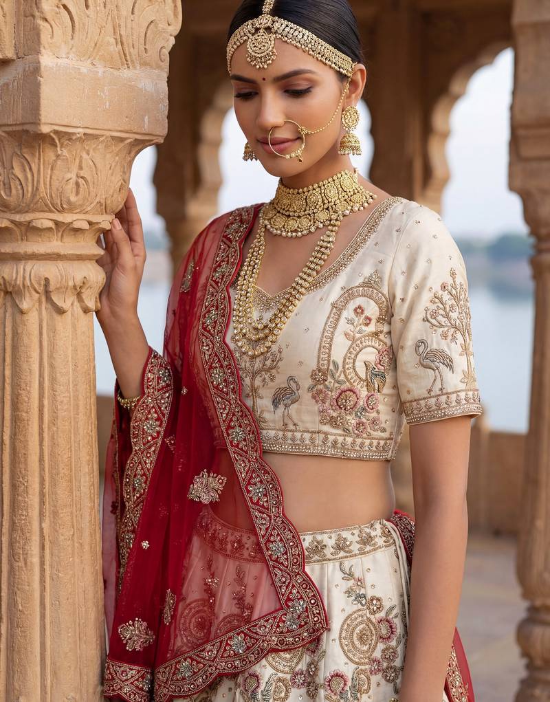 Lovely Off-White Dori Work Silk Bridal Lehenga Choli With Double Dupatta