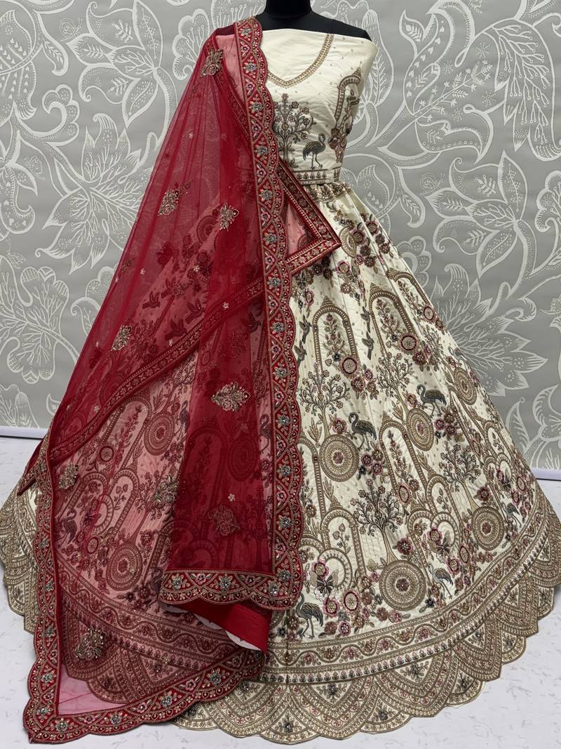 Lovely Off-White Dori Work Silk Bridal Lehenga Choli With Double Dupatta