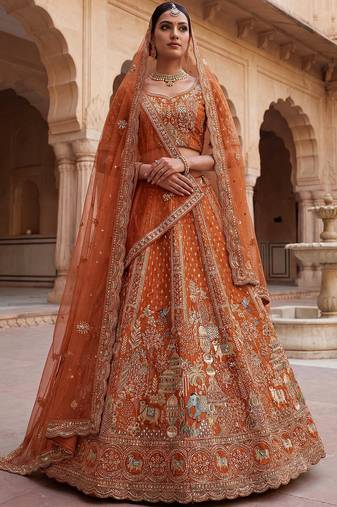 Classic Orange Embroidered Silk Bridal Lehenga Choli With Double Dupatta