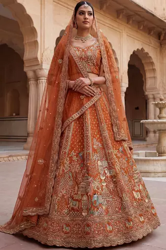 Classic Orange Embroidered Silk Bridal Lehenga Choli With Double Dupatta