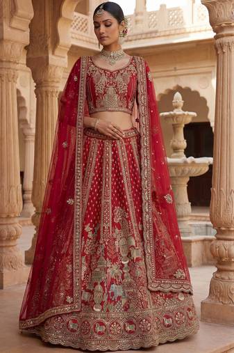 Elegant Red Embroidered Silk Bridal Lehenga Choli With Double Dupatta