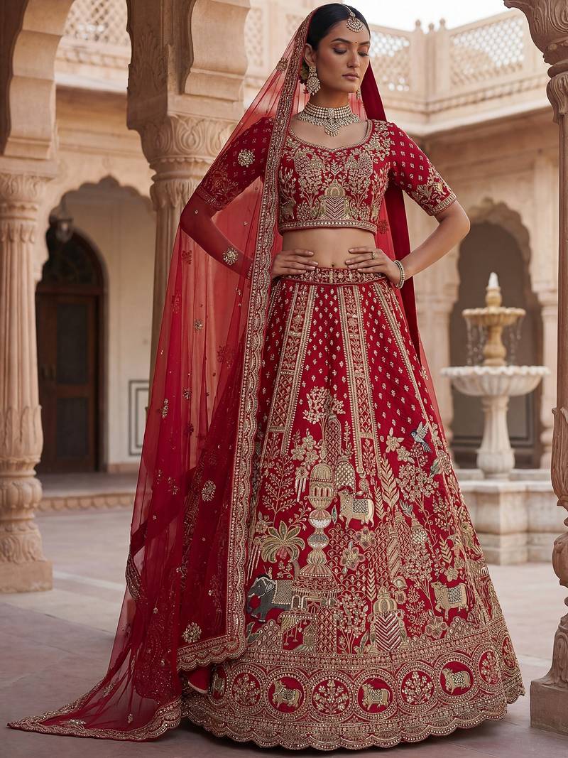 Elegant Red Embroidered Silk Bridal Lehenga Choli With Double Dupatta