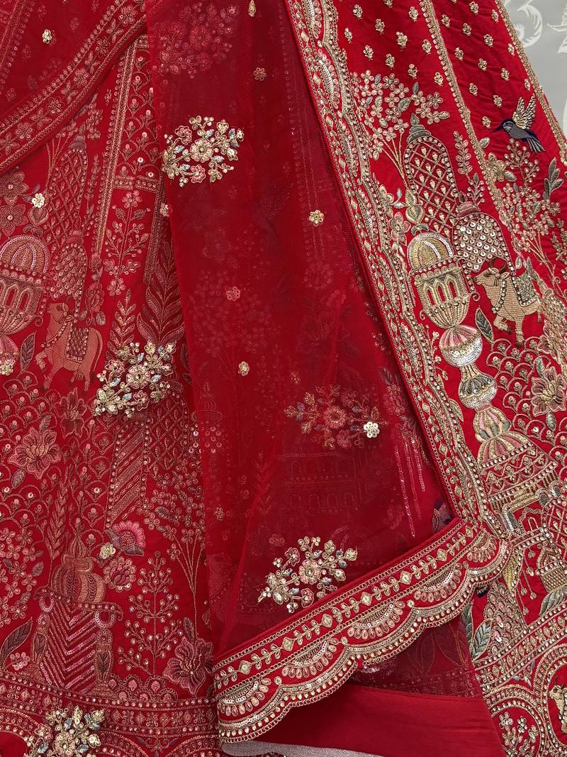 Elegant Red Embroidered Silk Bridal Lehenga Choli With Double Dupatta