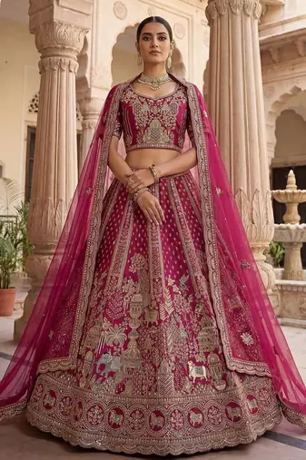 Dazzling Pink Embroidered Silk Bridal Lehenga Choli With Double Dupatta