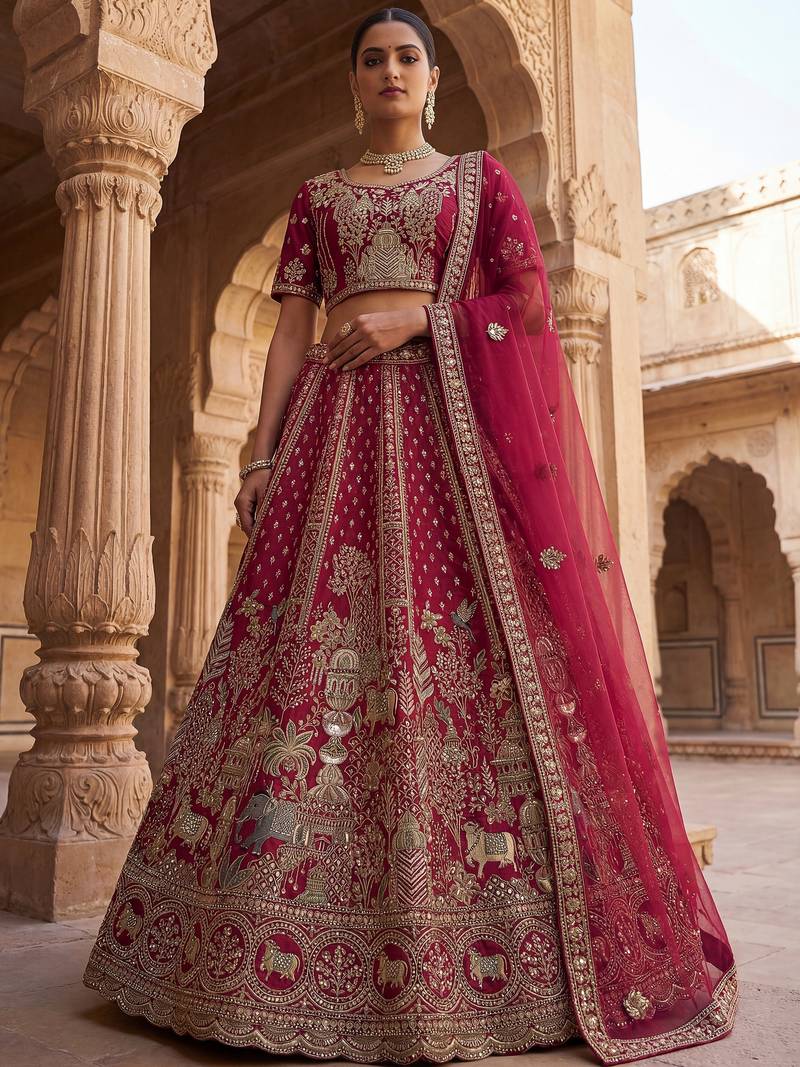 Dazzling Pink Embroidered Silk Bridal Lehenga Choli With Double Dupatta