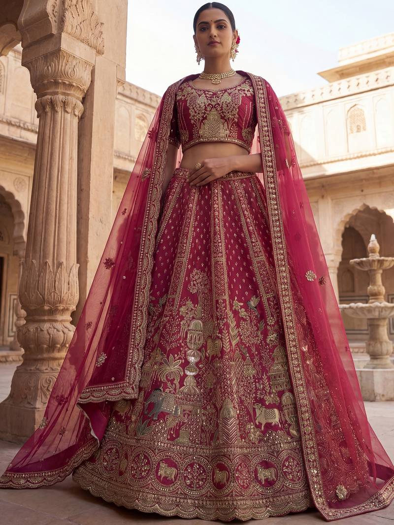 Dazzling Pink Embroidered Silk Bridal Lehenga Choli With Double Dupatta