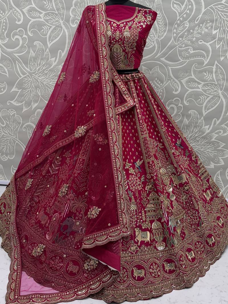 Dazzling Pink Embroidered Silk Bridal Lehenga Choli With Double Dupatta