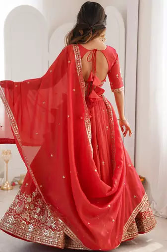 Mesmerizing Orange Thread Work Silk Wedding Lehenga Choli With Dupatta