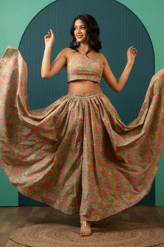 Blue Printed Cotton Lehenga Set