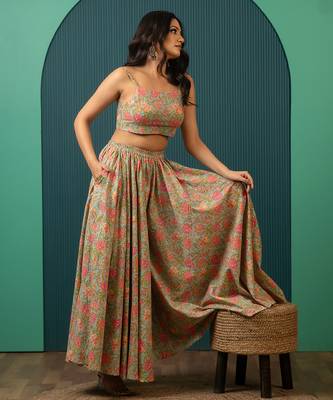 Blue Printed Cotton Lehenga Set 2
