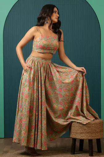 Blue Printed Cotton Lehenga Set