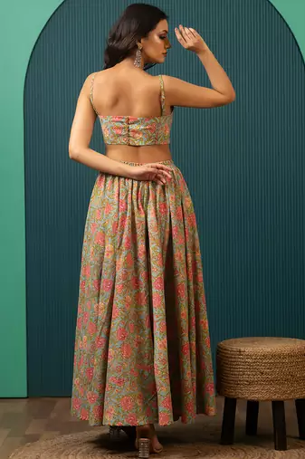 Blue Printed Cotton Lehenga Set
