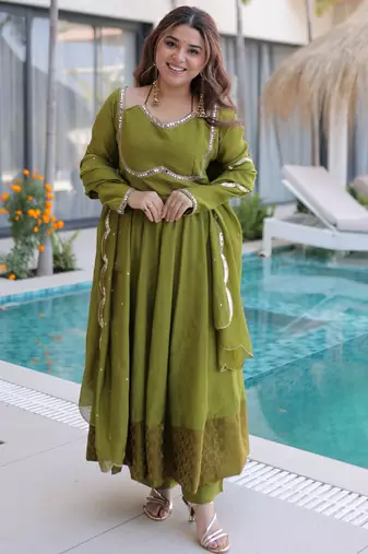 Outstanding Green Lace Work Chanderi Mehendi Wear Anarkali Suit Pant