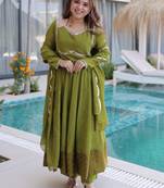 Outstanding Green Lace Work Chanderi Mehendi Wear Anarkali Suit Pant