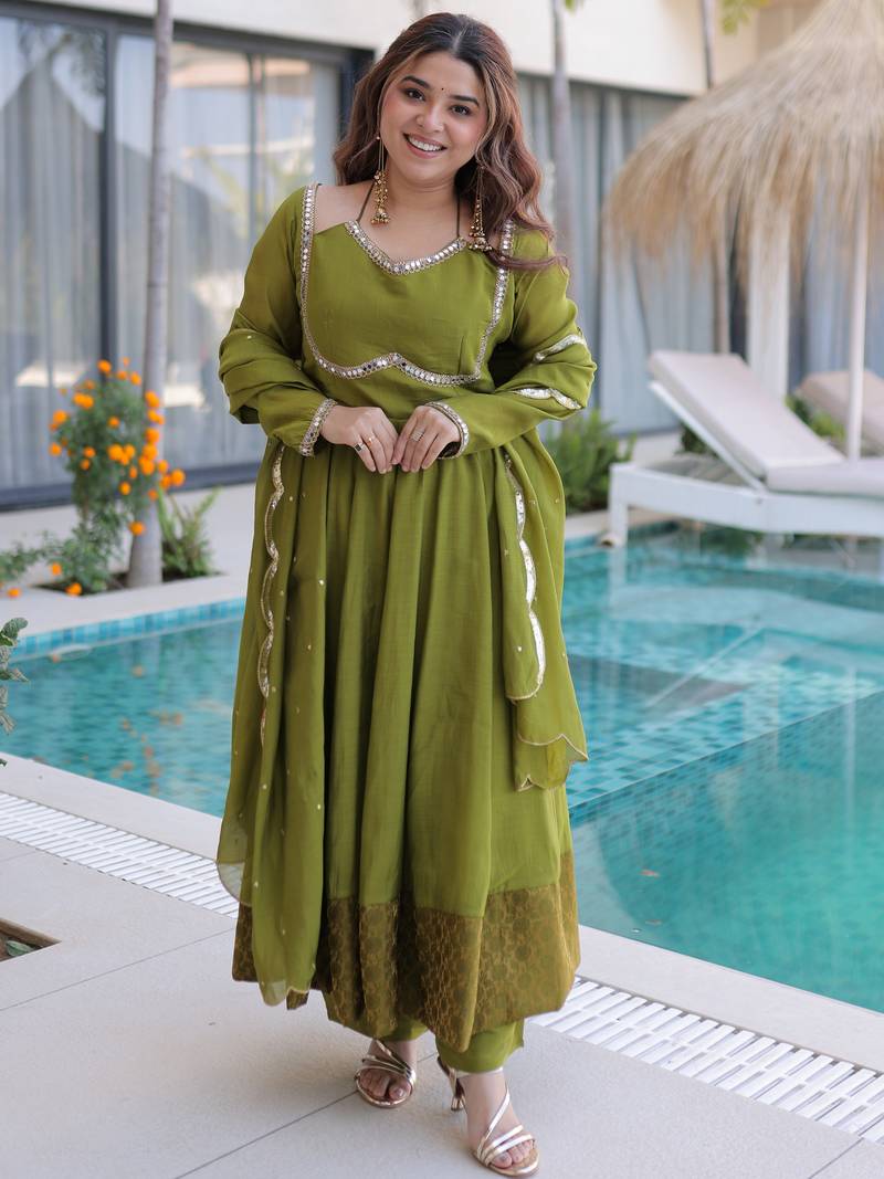 Outstanding Green Lace Work Chanderi Mehendi Wear Anarkali Suit Pant