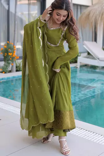 Outstanding Green Lace Work Chanderi Mehendi Wear Anarkali Suit Pant