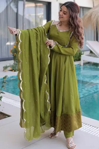 Outstanding Green Lace Work Chanderi Mehendi Wear Anarkali Suit Pant