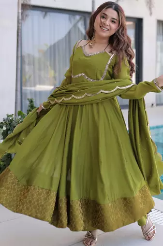 Outstanding Green Lace Work Chanderi Mehendi Wear Anarkali Suit Pant