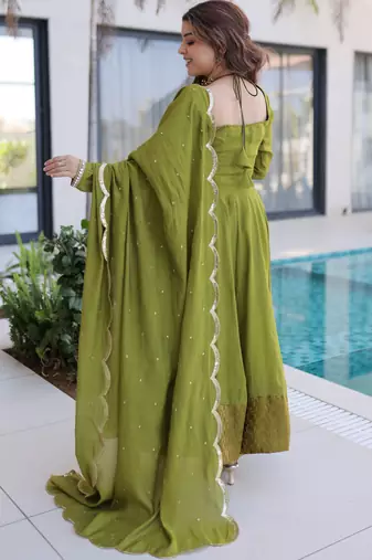 Outstanding Green Lace Work Chanderi Mehendi Wear Anarkali Suit Pant