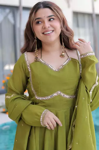 Outstanding Green Lace Work Chanderi Mehendi Wear Anarkali Suit Pant