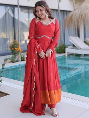 Marvelous  Red Lace Work Chanderi Festival Wear Anarkali Suit Pant 1
