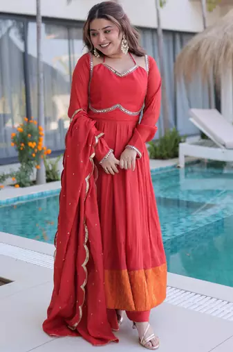 Marvelous Red Lace Work Chanderi Festival Wear Anarkali Suit Pant