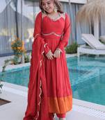 Marvelous Red Lace Work Chanderi Festival Wear Anarkali Suit Pant