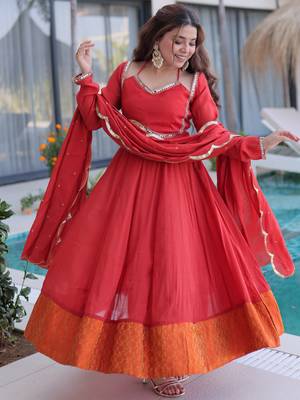 Marvelous  Red Lace Work Chanderi Festival Wear Anarkali Suit Pant 3