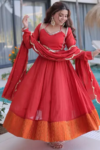 Marvelous  Red Lace Work Chanderi Festival Wear Anarkali Suit Pant