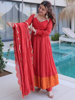 Marvelous  Red Lace Work Chanderi Festival Wear Anarkali Suit Pant 4