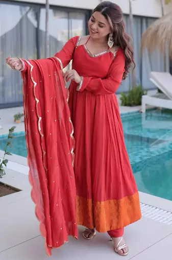 Marvelous  Red Lace Work Chanderi Festival Wear Anarkali Suit Pant