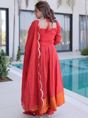 Marvelous  Red Lace Work Chanderi Festival Wear Anarkali Suit Pant 5