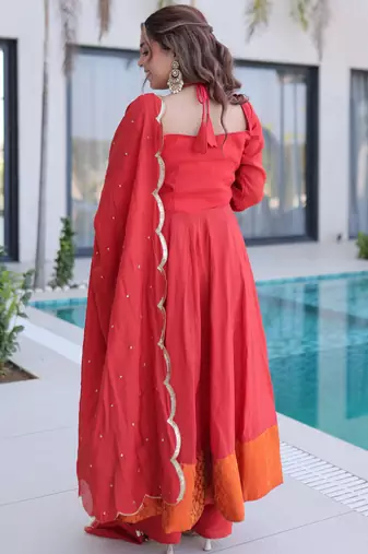 Marvelous  Red Lace Work Chanderi Festival Wear Anarkali Suit Pant